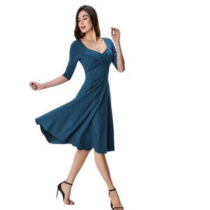 eShakti teal Sweetheart Surplice Cotton knee length Dress